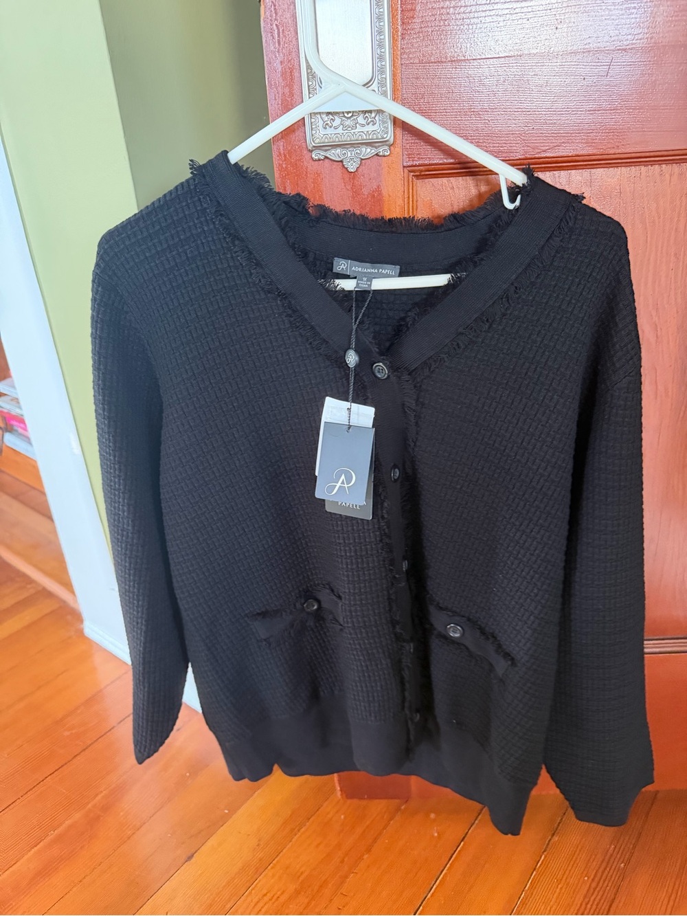 Adrianna Papell Black Waffle-Knit Fringe-Trim Cardigan